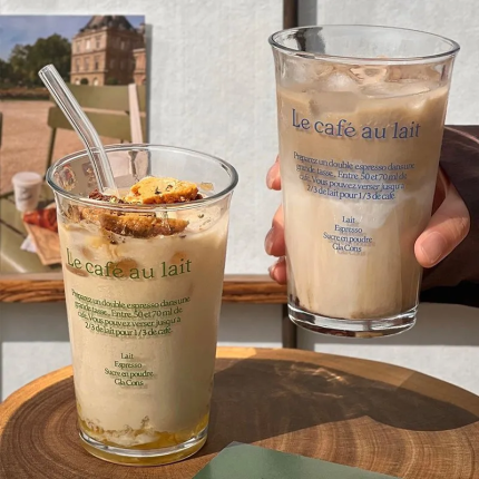 Glass Cup with Straw - Minimalist Letter Design for Milk & Coffee